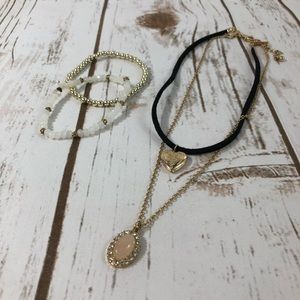 Locket Choker w/ Pink Pendant Necklace & Bracelets